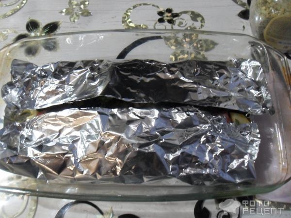 Рецепт: Свиные ребрышки с овощами запеченные в фольге - в фольге, с кабачком, лучком и брокколи