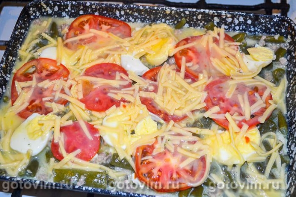 Запеканка из стручковой фасоли с яйцом и фаршем