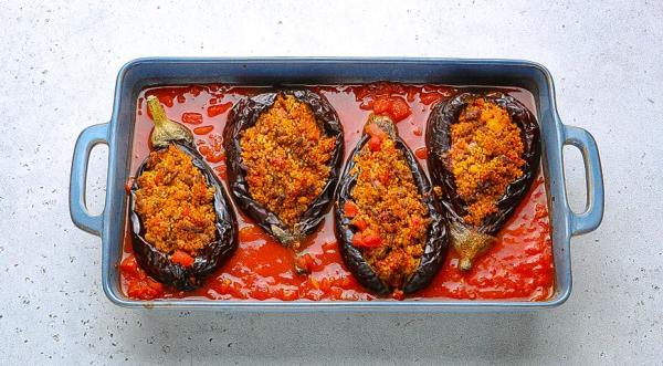 Баклажаны, фаршированные фаршем и кускусом, пошаговый рецепт с фото на 259 ккал